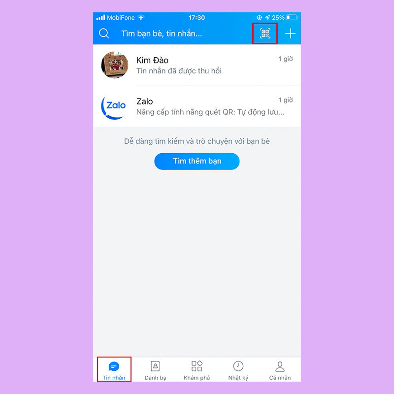 Ở trang Tin nhắn, bạn kích vào biểu tượng mã QR trên thanh tìm kiếm