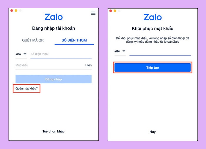 Chọn mục Quên mật khẩu, nhập số điện thoại, rồi nhấn Tiếp tục