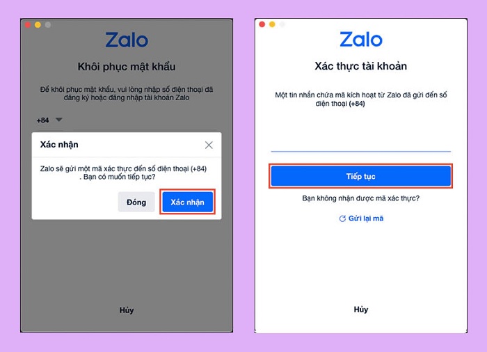 Chọn Xác nhận, nhập mã từ cuộc gọi Zalo và nhấn Tiếp tục