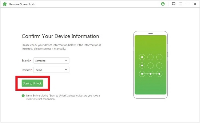 Chọn Start to Unlock để tiến hành quá trình reset máy