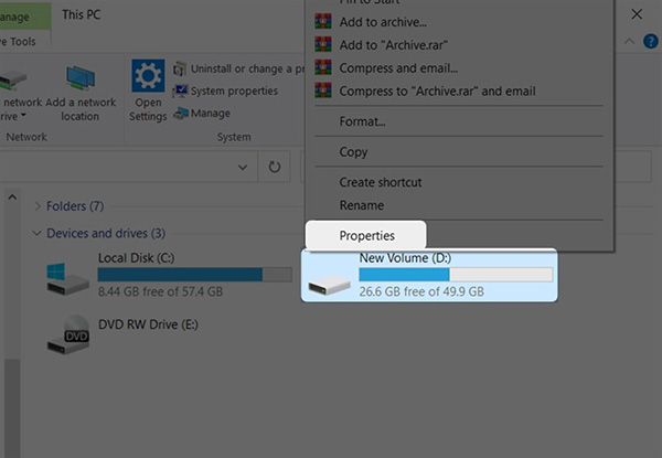 Xem dung lượng ở cứng tại mục Properties