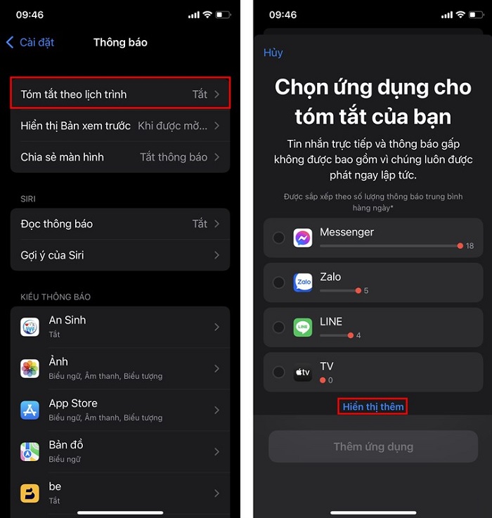 Cài đặt “Tóm tắt thông báo”