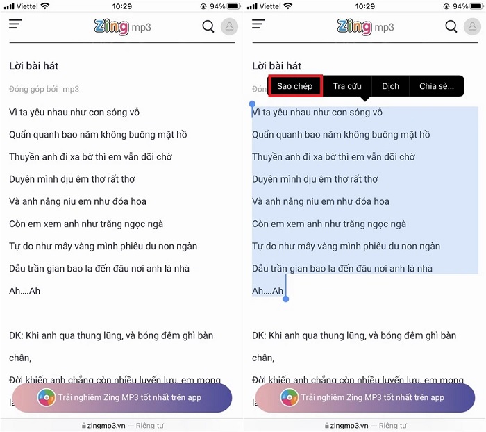 Cách sao chép lời bài hát trên Zing Mp3