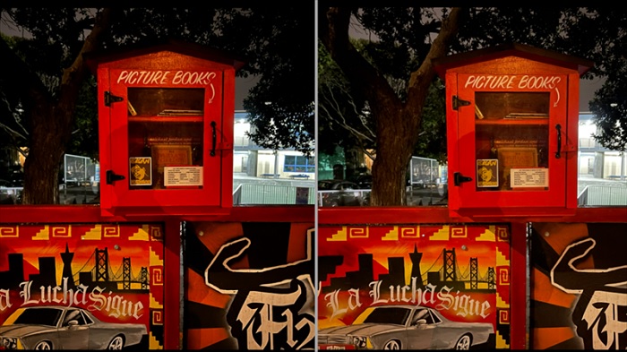 Ảnh chụp chế độ ban đêm trên iPhone 12 Pro Max bên phải và 13 Pro Max bên trái