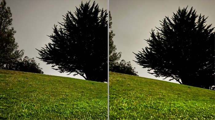 Ảnh chụp chế độ ban đêm trên iPhone 13 bên phải và iPhone 13 Pro Max bên trái