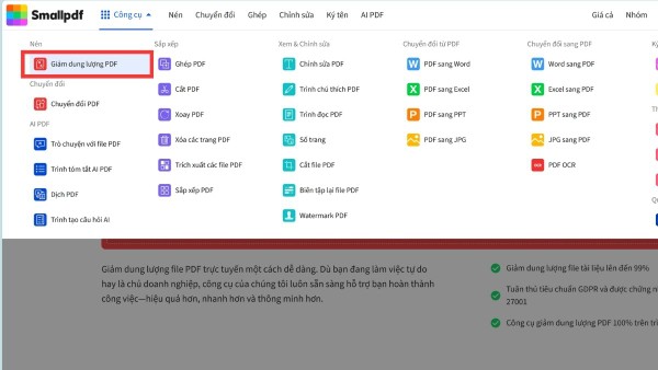 Mở SmallPDF và chọn nén file