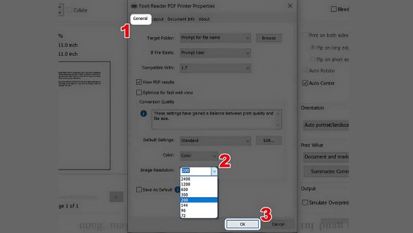 Điều chỉnh độ phân giải tại "Image Resolution"