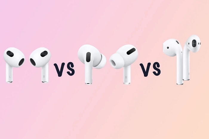 AirPods 3 (ngoài cùng bên trái), AirPods 2 (ngoài cùng bên phải) và AirPods Pro (ở giữa)