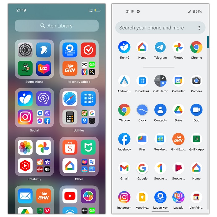 App Library trên hệ điều hành iOS 15 không thay đổi còn Android 12 có sự cải tiến đôi chút