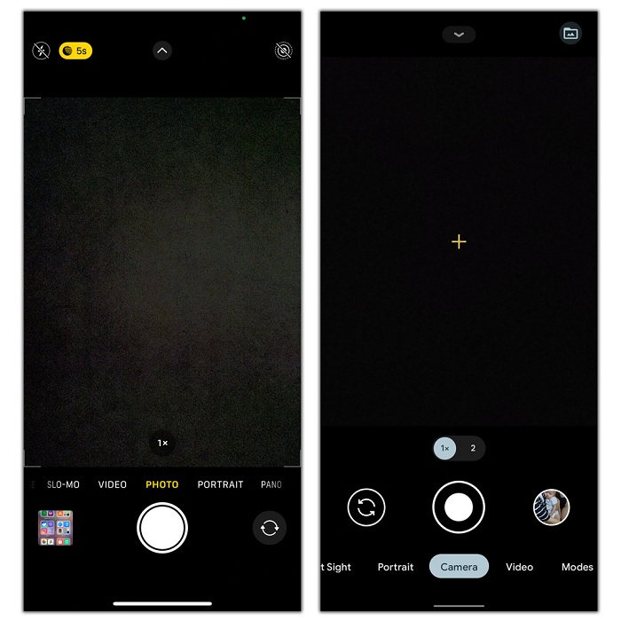 Giao diện camera trên iOS 15 giữ nguyên, Android 12 được trang bị thêm màu nhấn trên các nút thay đổi theo theme hệ thống