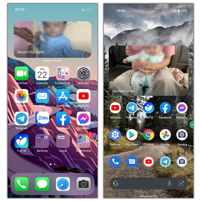Màn hình Home trên Android 12 có một vài sự thay đổi nhỏ còn iOS 15 thì không