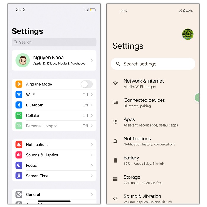 Giao diện Settings trên Android 12 có nhiều sự thay đổi hơn trong khi iOS 15 vẫn được giữ nguyên