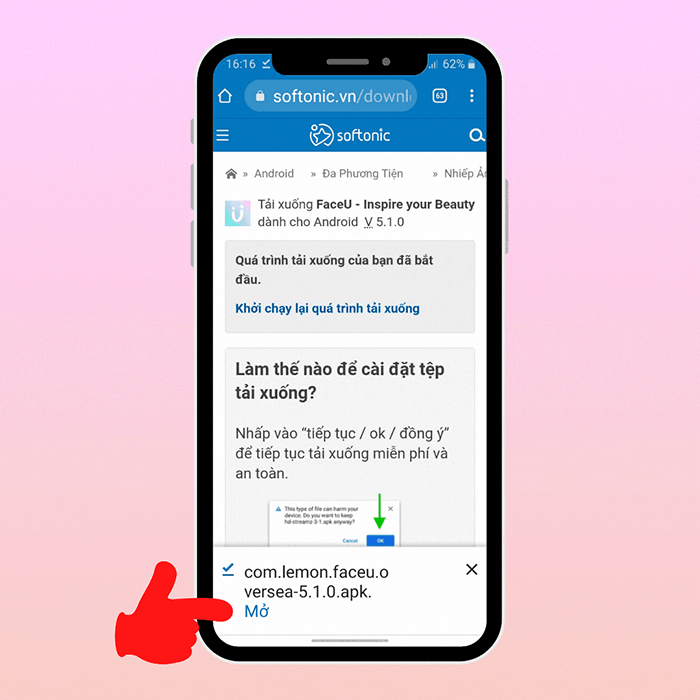 Nhấn mở file để cài đặt ứng dụng FaceU