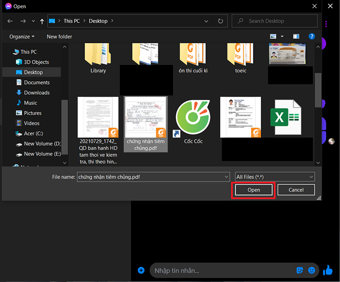 Chọn file bạn muốn gửi/ Open