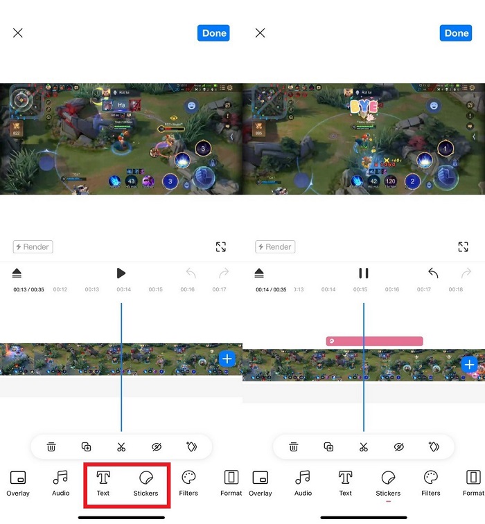 Kéo Timeline đến vị trí trên video mình muốn và nhấn chọn mục Text  hoặc Sticker