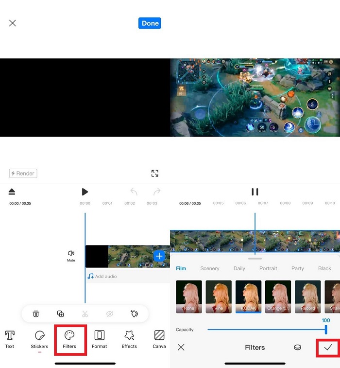 Chọn Filter bằng cách kéo thanh công cụ chỉnh sửa sang phải