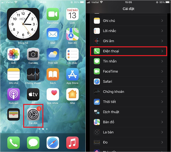 Chọn Điện thoại trong Cài đặt