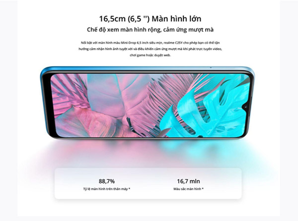 Màn hình của realme C25Y rộng 6,5 inch với tỉ lệ trên thân máy cực cao 88,7%