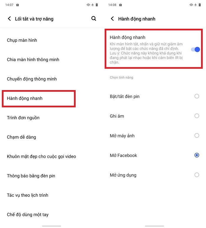 Kích hoạt tính năng hành động nhanh