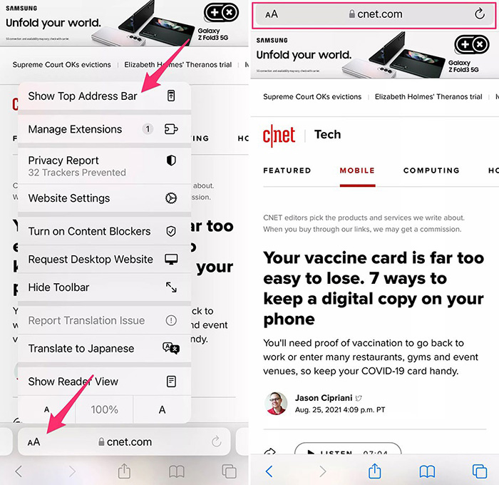 Di chuyển thanh địa chỉ của Safari trở lại đầu màn hình