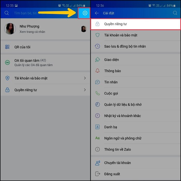 Truy cập Quyền riêng tư để thực hiện thao tác tiếp