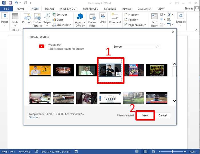 Click Insert để video được chèn sẵn trong Word