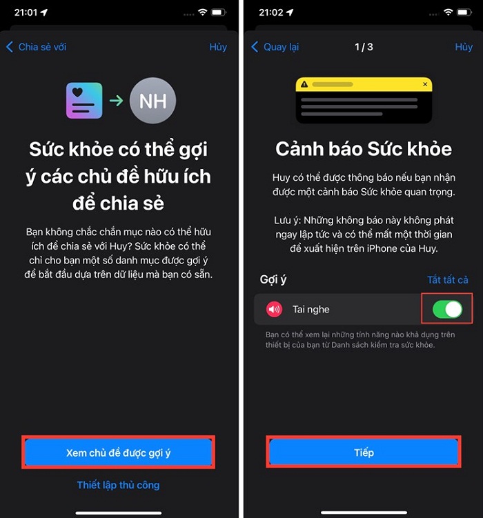 Tại trang màn hình Cảnh báo sức khỏe, bạn bật lên toàn bộ tùy chọn