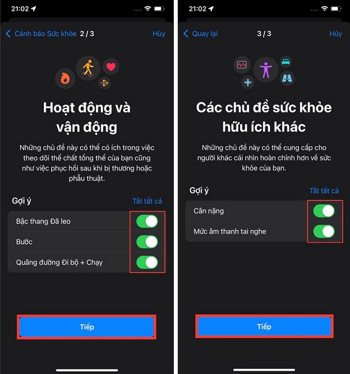 Bật lên các tùy chọn trong mục Hoạt động và vận động cùng mục Các chủ đề sức khỏe hữu ích khác