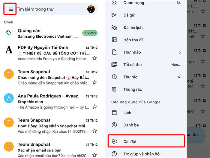 Cách đổi tên Gmail trên điện thoại - Click vào biểu tượng 3 gạch ngang và chọn cài đặt