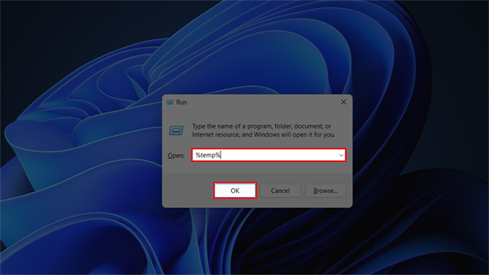 Nhập "%temp%" và OK