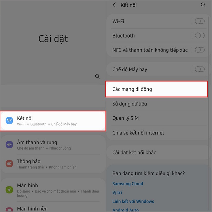 Nhấn chọn Các mạng di động
