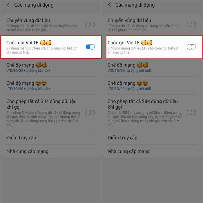 Gạt sang trái để tắt Cuộc gọi VoLTE