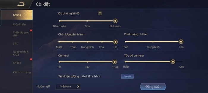 Thông số cài đặt của tựa game Liên quân Mobile