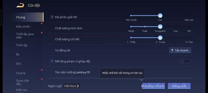 Cấu hình đồ họa trong game Liên Quân