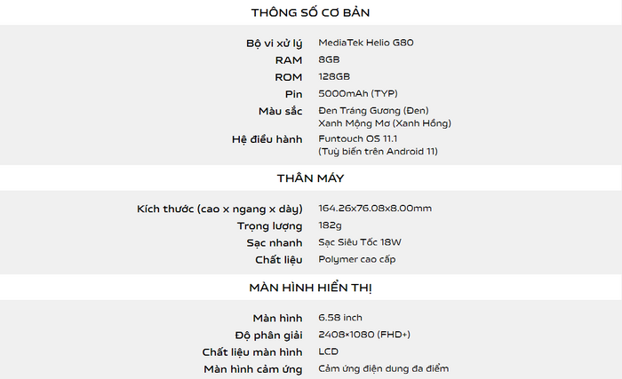 Thông số kỹ thuật cơ bản của vivo Y33s