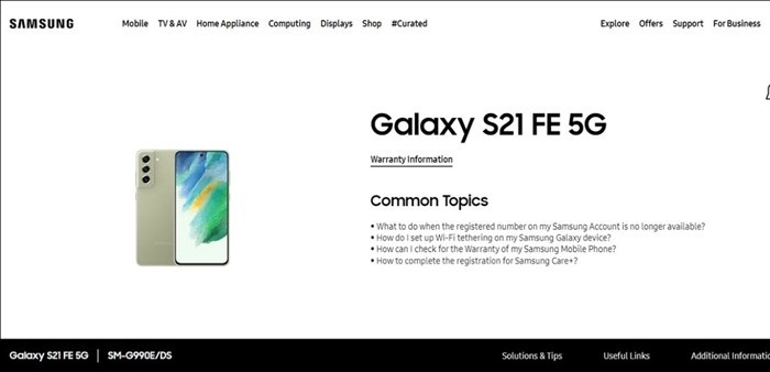 Trang hỗ trợ Galaxy S21 FE được Samsung tạo ra