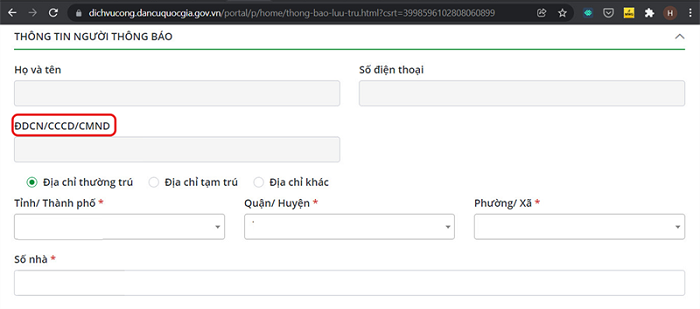 Mã định danh cá nhân sẽ hiển thị mục THÔNG TIN NGƯỜI THÔNG BÁO