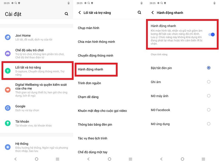 Kích hoạt tính năng hành động nhanh