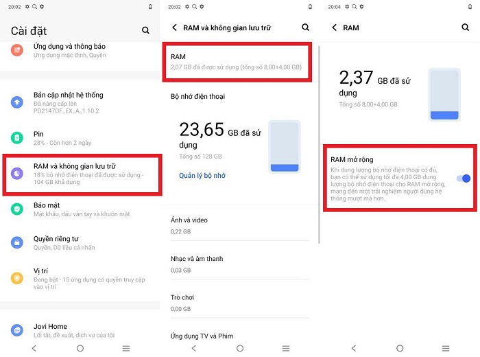 Bật tính năng mở rộng RAM