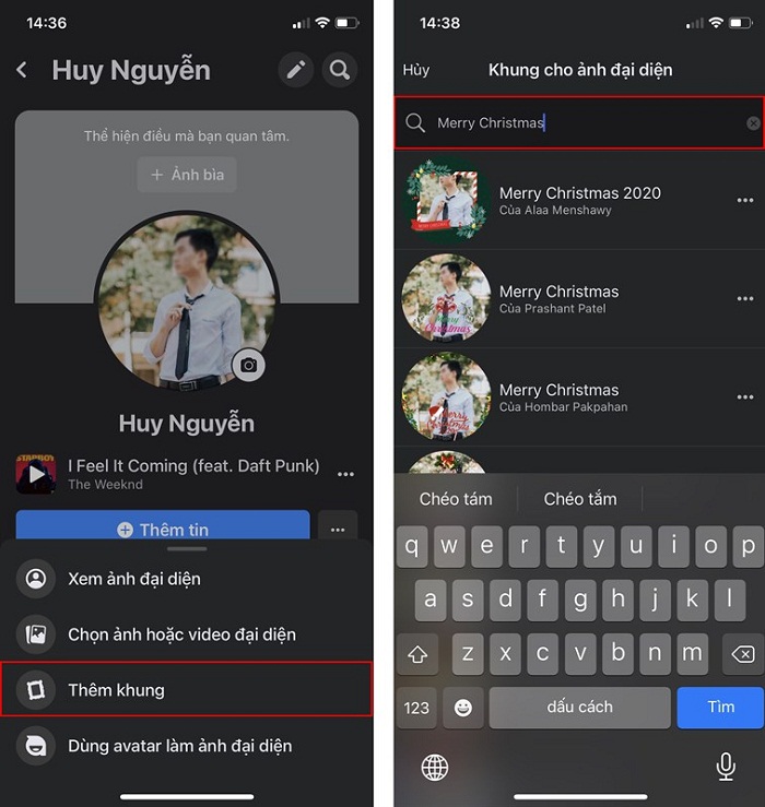 Chọn Thêm khung và nhập từ khóa Noel, Merry Christmas, Giáng sinh