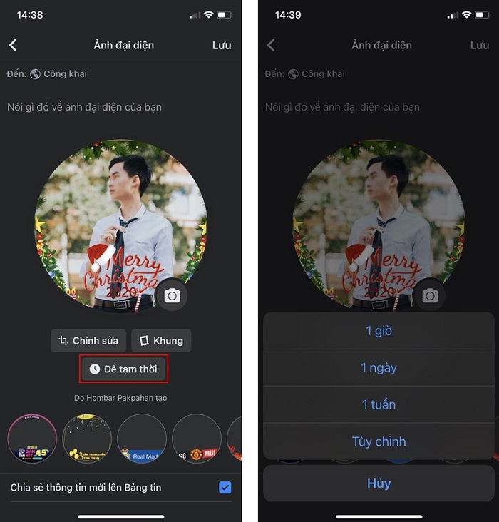 Nhấn nút Để tạm thời và chọn thời gian muốn để khung đại diện mới