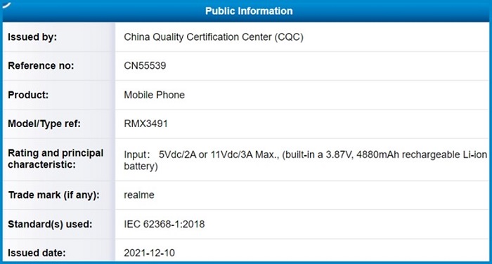 Realme 9i với mã model được tìm thấy trên CQC