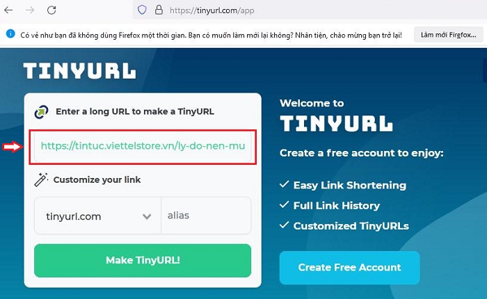 Nhập đường link muốn rút gọn vào ô trống