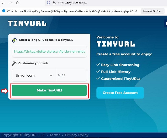 Nhấn nút Make TiniURL