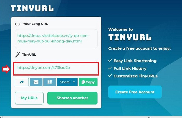 Hệ thống sẽ rút gọn đường link cho bạn