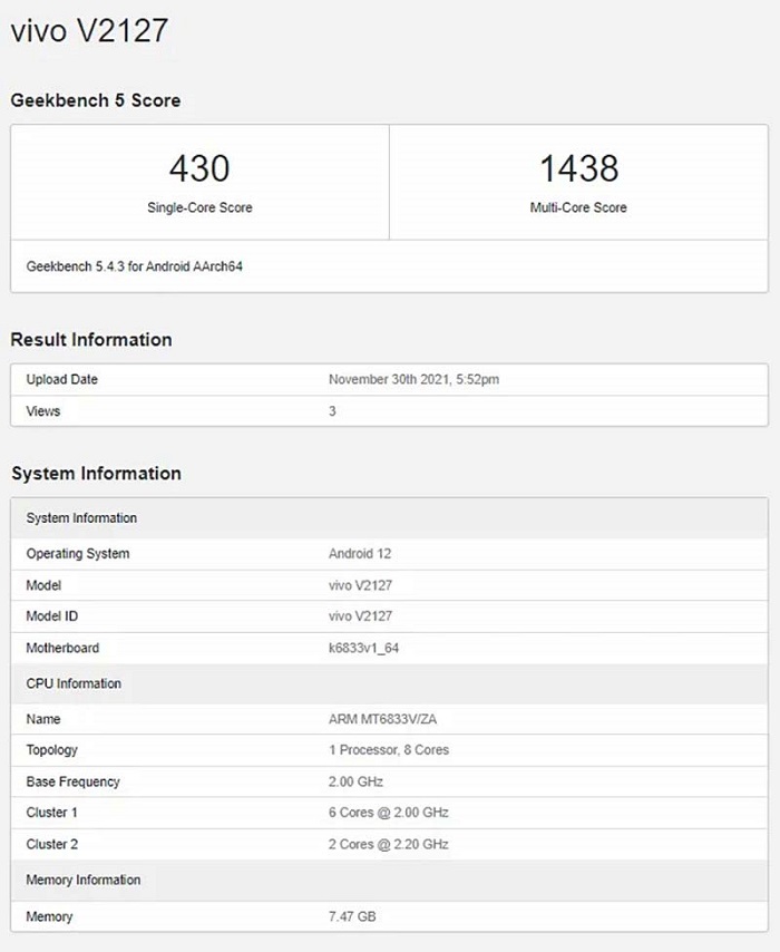 Thông tin về Vivo Y55 5G được tìm thấy trên Geekbench