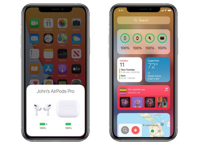 Kiểm tra pin hộp sạc AirPods khi đặt gần kết nối (bên trái) và qua tiện ích (bên phải)