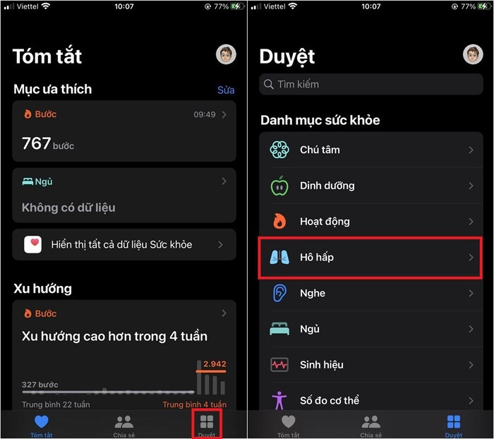 Chọn vào mục Hô hấp để chuẩn bị bước tiếp theo
