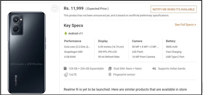 Thông số kỹ thuật Realme 9i rò rỉ
