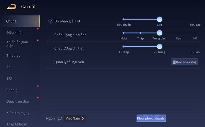 Thiết lập đồ họa game Liên Quân Mobile trên Galaxy Tab A8